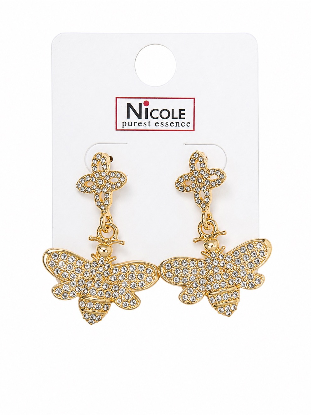 NWT Nicole Gold Crystal Rhinestone Bee Drop Dangle Statement Earrings